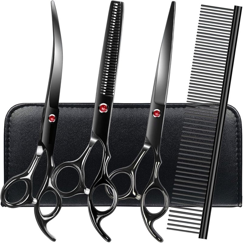 FAIGEO Professional Dog Grooming Scissors Set Stainless Steel Dog Grooming Kit - Thinning, Curved Scissors and Comb for Cat Pet (Black 5 in1) - Image 1